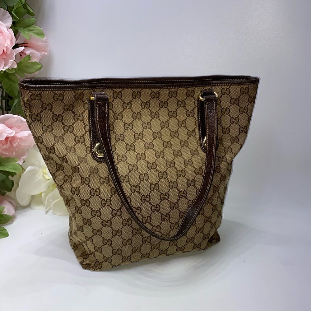 Authentic GUCCI GG Logo Canvas Leather Trim Tote - Picture 7 of 12